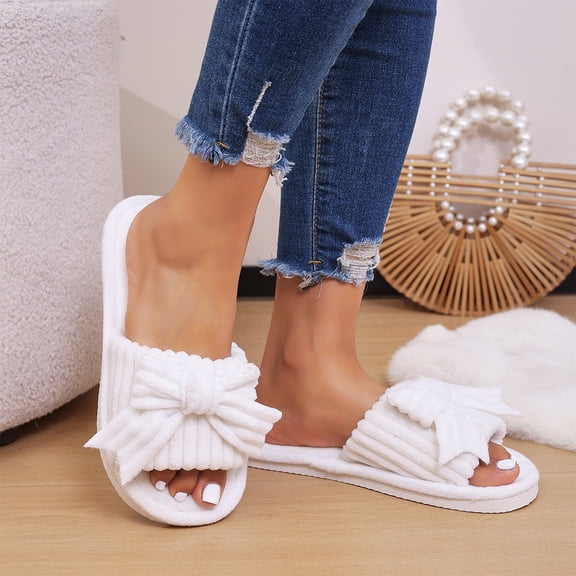 Willtoo Plush Open-Toe Slippers for Women with Bow, Winter Warm Soft Non-Slip Indoor Slides, Breathable Casual House Slippers
