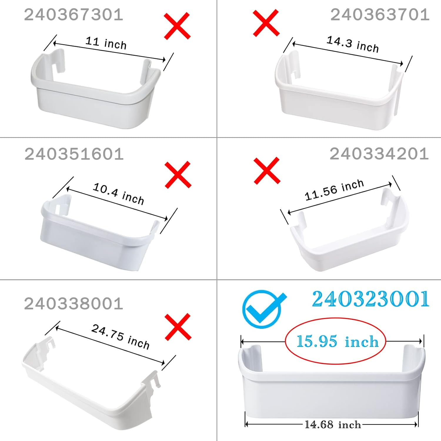 2 pack 240323001 Refrigerator Door Bin, Refrigerator Side Shelf Replacement Part, (15.95in long), Fit for frigidaire kenmore, Replace AP2115741, PS429724, AH429724, 240323007