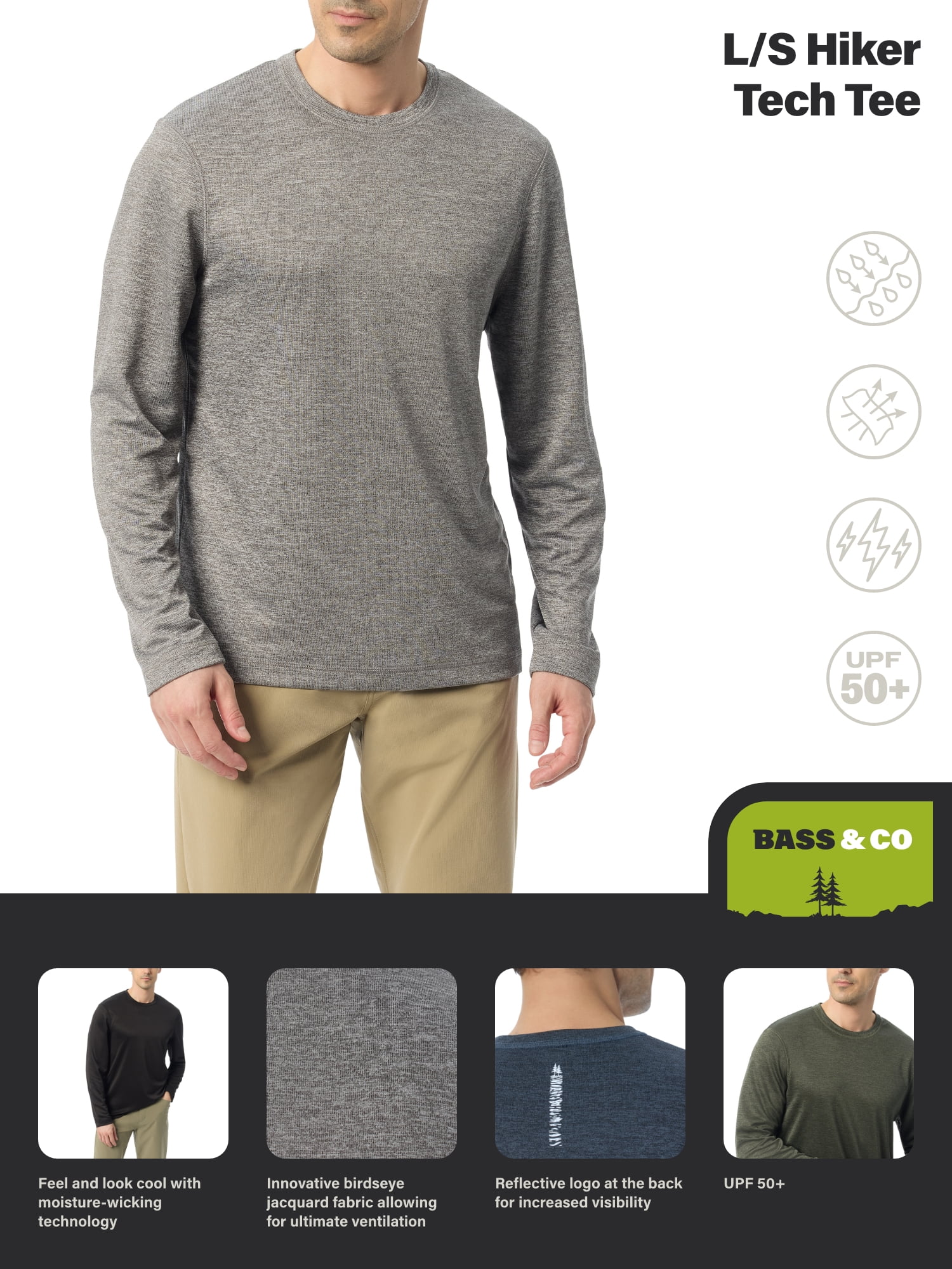 Bass & Co Men's & Big Men's Long Sleeve Hiker Tech Tee, Sizes S-XXXL