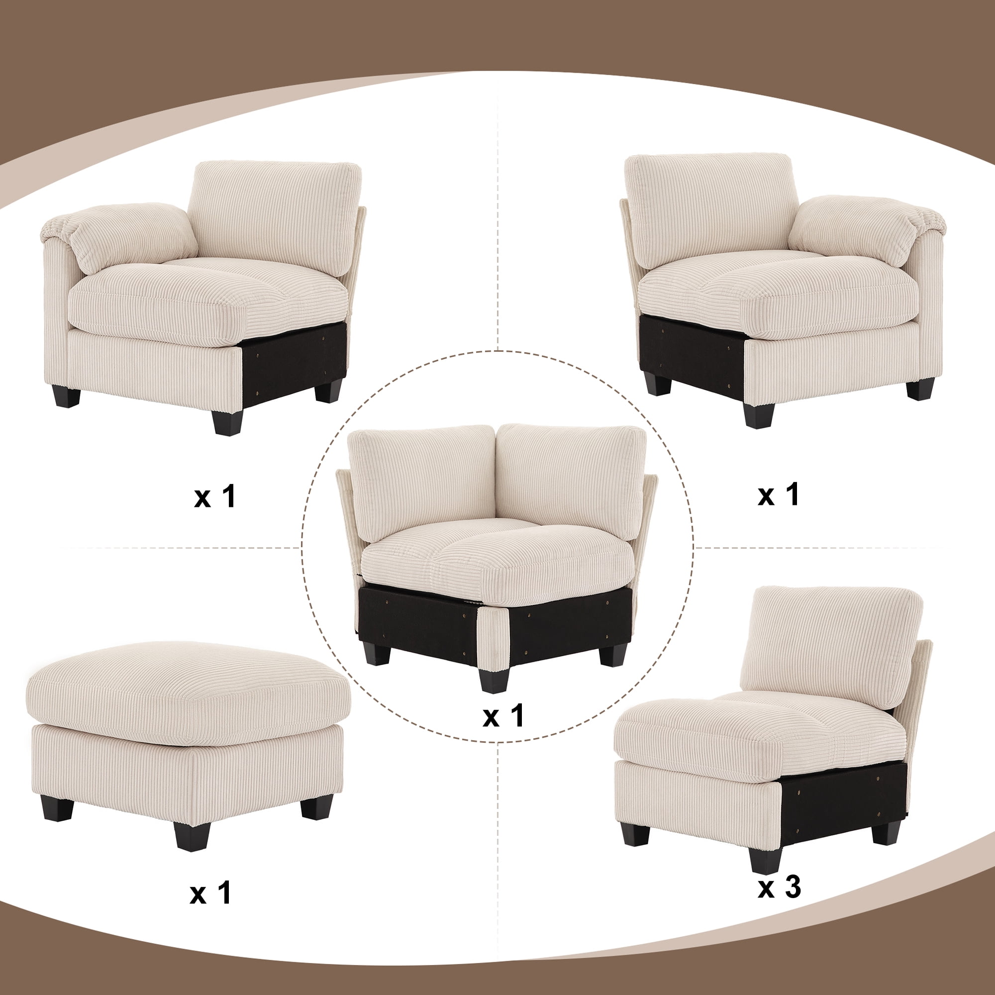 JUSTLET Oversized Modular Sectional Sofa, Oversized U Shaped Couch, Convertible Sleeper Sofa, 7 Seat Sofa with Chaise, Deep Seat Comfy Cloud Couch with Ottoman for Living Room, Corduroy, Beige