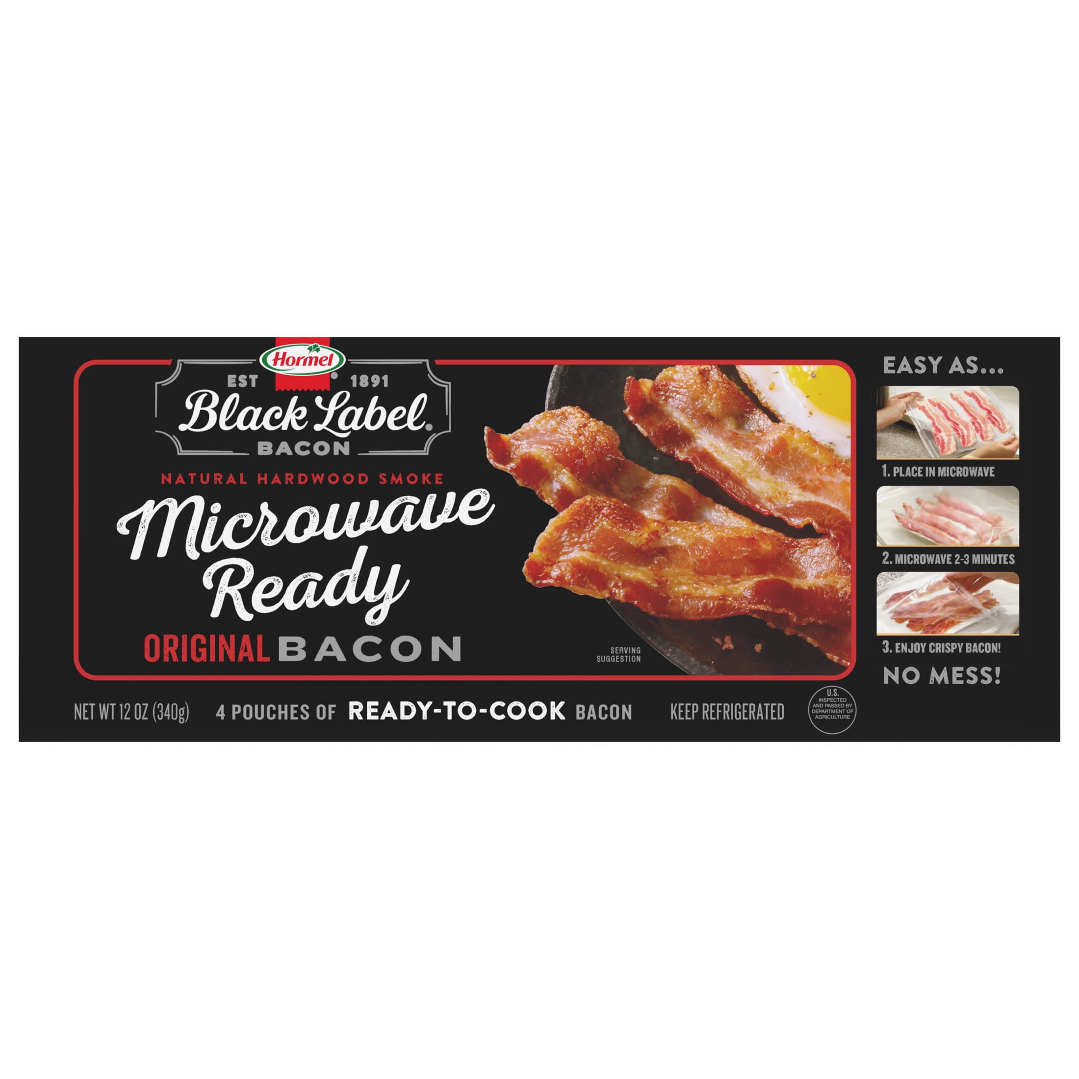 HORMEL BLACK LABEL Microwave Ready Bacon, Gluten Free, Refrigerated, 12 oz Plastic Package (4 Pack)