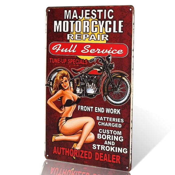 The Full Service Motorcycle repair sign with Pin Up Girl is a great garage or man cave sign