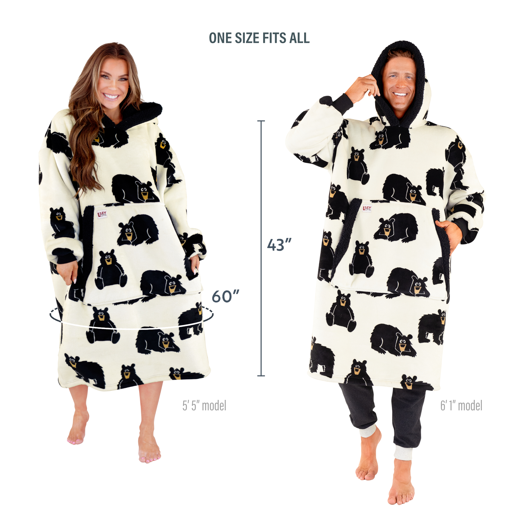 Lazy One Oversized Blanket Hoodie, Comfortable Sleepwear, Oversized Hoodies for Women and Men, One Size Fits All Wearable Blankets (Black Bear)