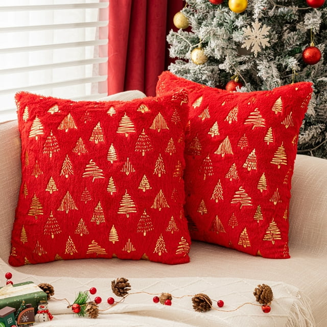 Christmas Tree Throw Pillow Covers, Set of 2 Winter Holiday Decorative Faux Fur Fuzzy Pillows Covers with Glitter Printed for Christmas Decor Sofa Couch Home