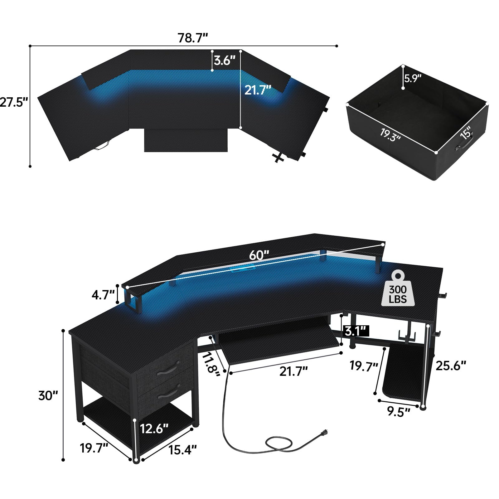 79" Gaming Desk, Computer Desk with 2 Fabric Drawers & LED Light, L Shaped Gaming Desk with Storage Shelf for Home Office, Carbon Fiber Black