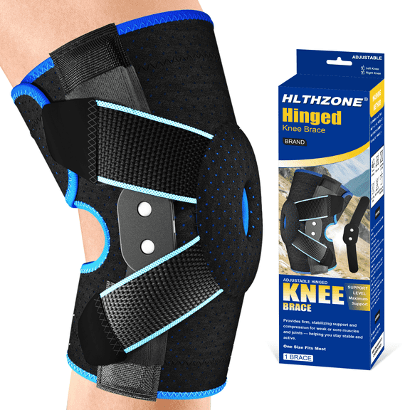HLTHZONE Hinged Knee Brace with Side Stabilizers for Knee Pain – Adjustable Knee Support for Meniscus Tear, Arthritis & ACL, Fits 12"–23", Black/Blue