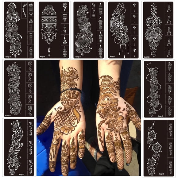 9 hojas de plantillas de tatuajes temporales, kit de tatuaje de henna, pegatina de tatuaje de henna reutilizable, pegatinas de tatuajes temporales indios, plantillas de tatuajes autoadhesivas