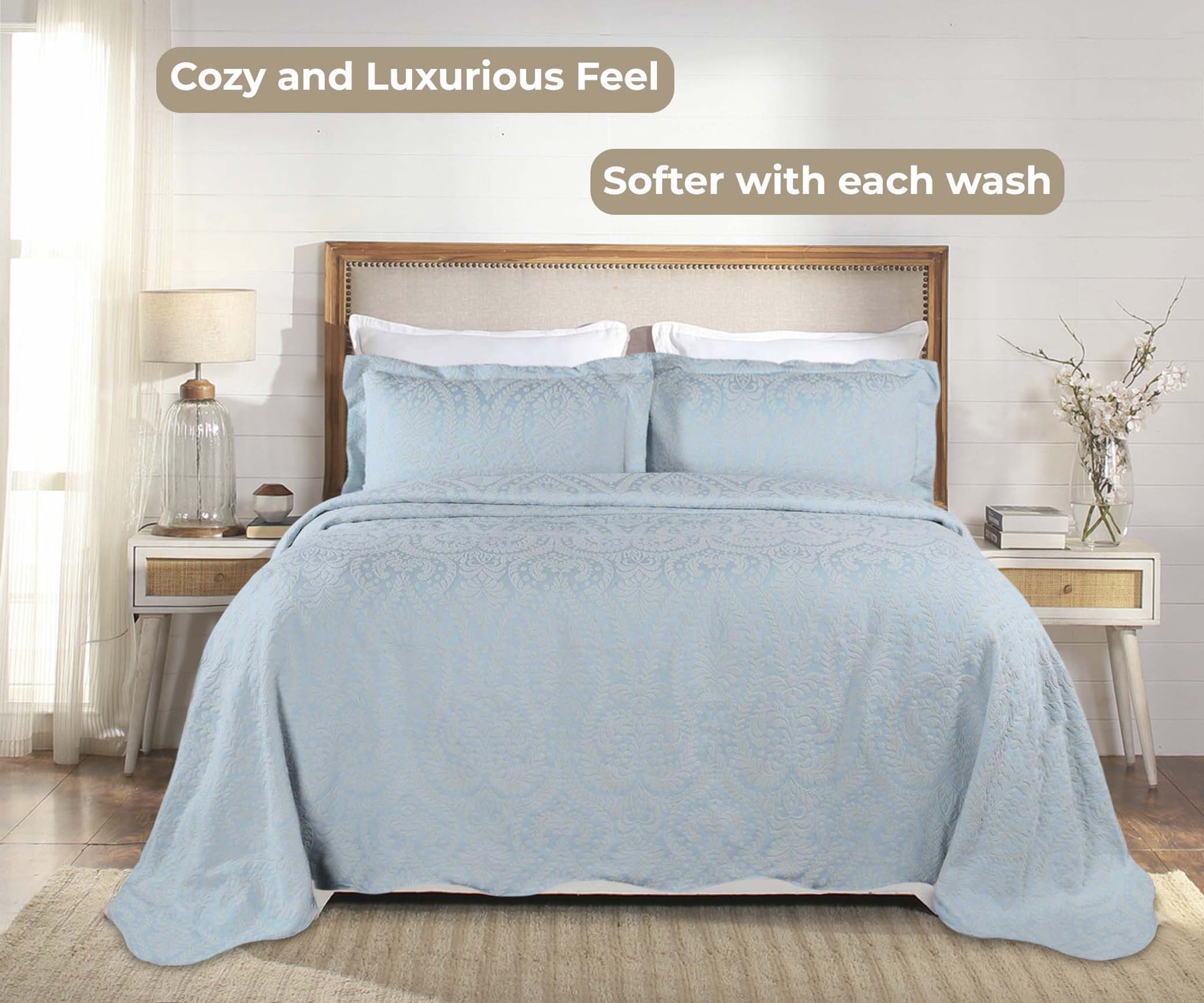 Superior 3 Piece Aspen Cotton Blend Bedspread Set, Floral Design Bedspreads, King, Light Blue
