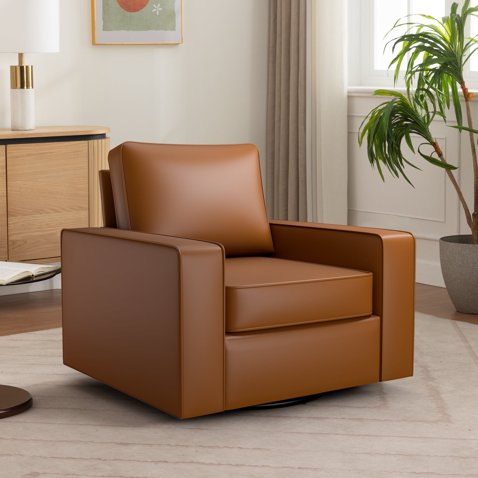 COOLHUT 360° Swivel Accent Chair Set of 1, 36.2" Wide PU Leather Accent Chair Armchair, Comfy Upholstered Single Sofa Chair for Living Room and Bedroom, Brown