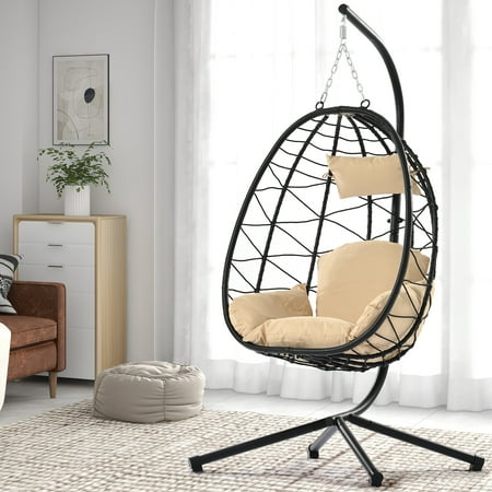 uhomepro Wicker Hanging Egg Chair with Cushion and Stand - Khaki and Black