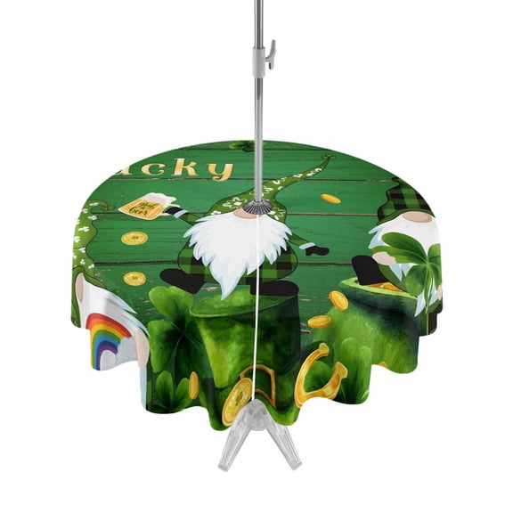 Outdoor Tablecloth with Umbrella Hole and Zipper, St. Patrick's Day Round Table Cloth 54 Inch Waterproof Tablecloth, Green Gnomes Shamrock Gold Coin Wood Grain Picnic Table Cover for Patio Camping