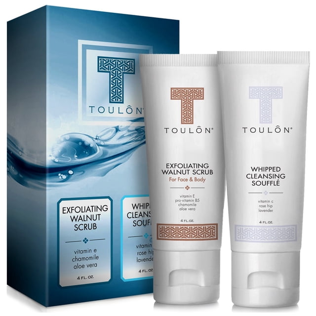Set exfoliante – Set de exfoliación corporal – Set de regalo para el cuidado de la piel para mujeres y hombres – Kit de baño y ducha de spa natural con exfoliante corporal y facial de nuez y limpiador