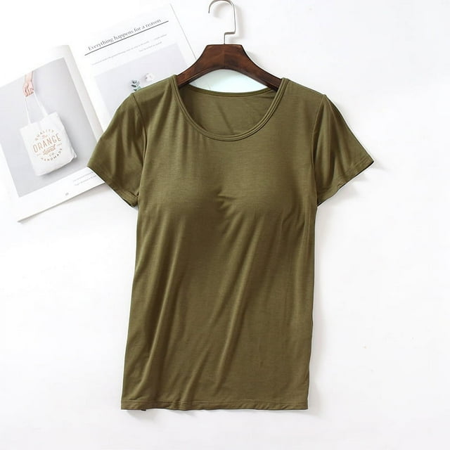 Camiseta de manga corta con almohadilla para el pecho Camiseta de base de una pieza ajustada con copa modal para mujer Top de mujer con cuello redondo Sujetador sin uso