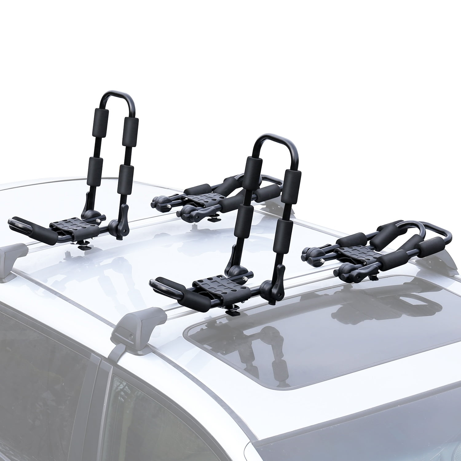 Car and Truck Crossbar with 4 pcs Tie Down Straps Leader Accessories Aluminum Folding Kayak Rack 2 PCS/Set J Bar Car Roof Rack for Canoe Surf Board SUP On Roof Top Mount on SUV 
