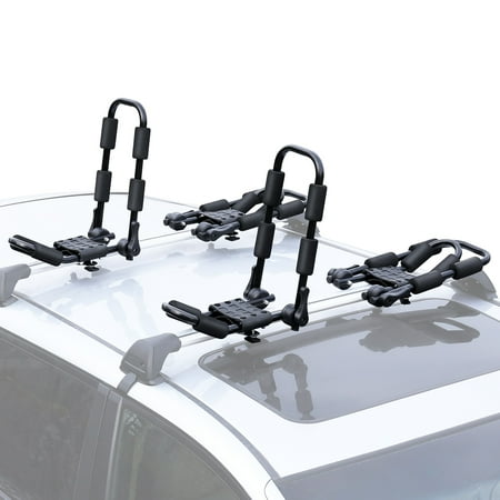 Product photo of Leader Accessories Folding Kayak Rack 4 PCS/Set J Bar Car Roof Rack for Canoe Surf Board SUP On Roof Top Mount on SUV Car and Truck Crossbar with 4 pcs Tie Down Straps in New/Like New condition