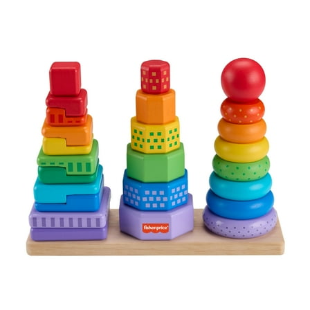 Fisher-Price Wooden Rainbow Stacking Shape Sorter, Fine Motor Toy for Toddlers, 26 Wood Pieces
