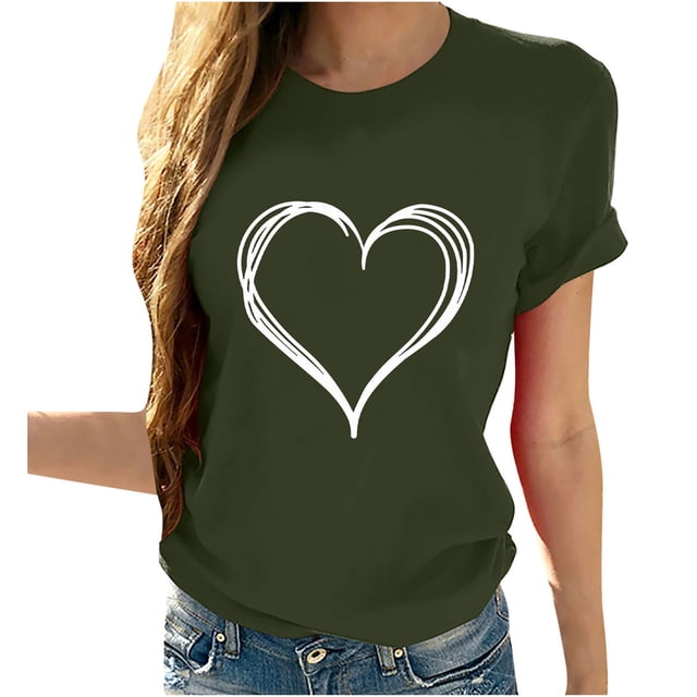 AherBiu Hauts de la Saint-Valentin pour Femmes à Imprimé de Cœurs, Col Rond, Manches Courtes, Haut Basique, T-Shirts, Chemises, Blouse