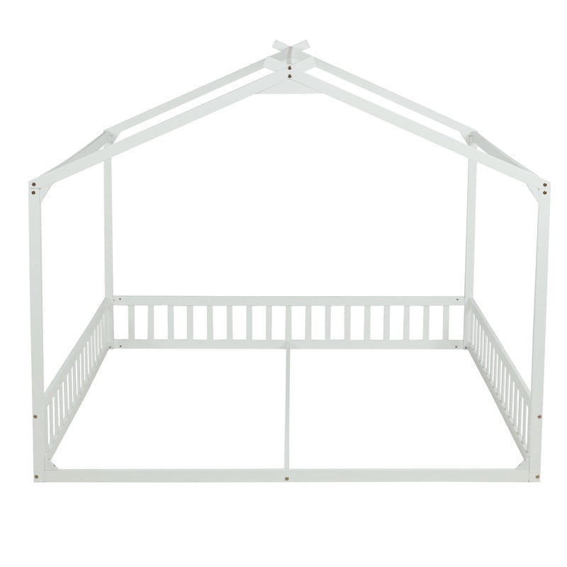 Double Twin Size House-Shaped Canopy Floor Bed with Safety Guardrails, Kids Wooden Low Profile Bed Frame with Open Roof Design