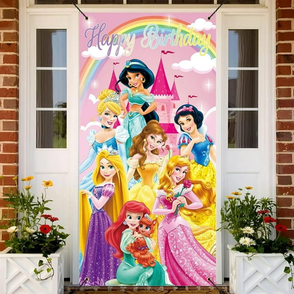 Cartoon Happy Birthday Door Banner 70.9 x 35.4Inches Indoor/Outdoor, Princess Theme Birthday Party Supplies