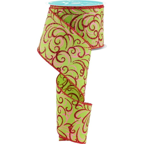 2.5" Multi Swirls Glitter Ribbon: Lime Green/Pink/Red (10 Yard)