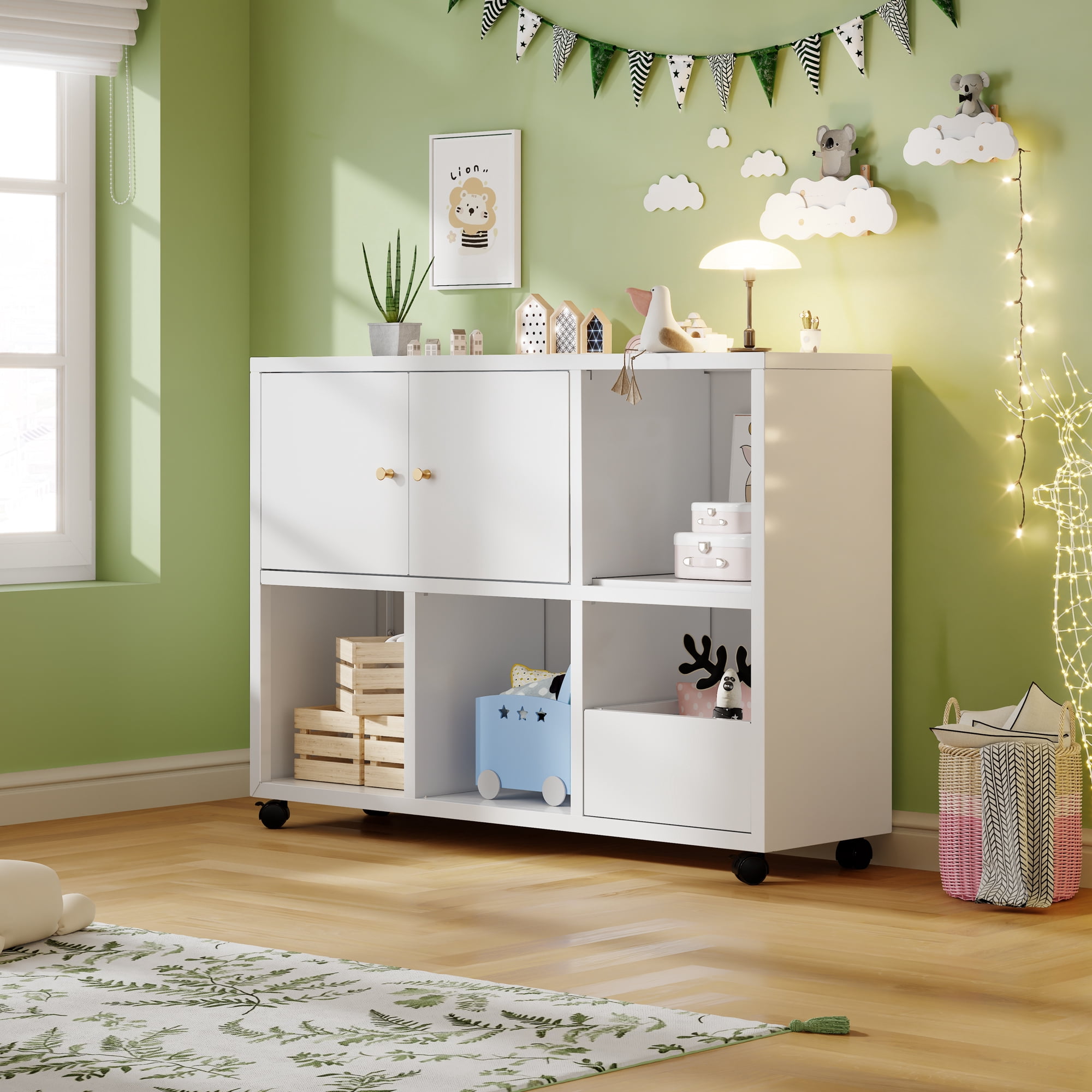HOQBN Toy Storage Cabinet with 4 Wheels,Cubes Storage Bins Cubes with Open Cubbies & Closed Cabinets,Metal Storage Furniture for Playroom,Living Room,White