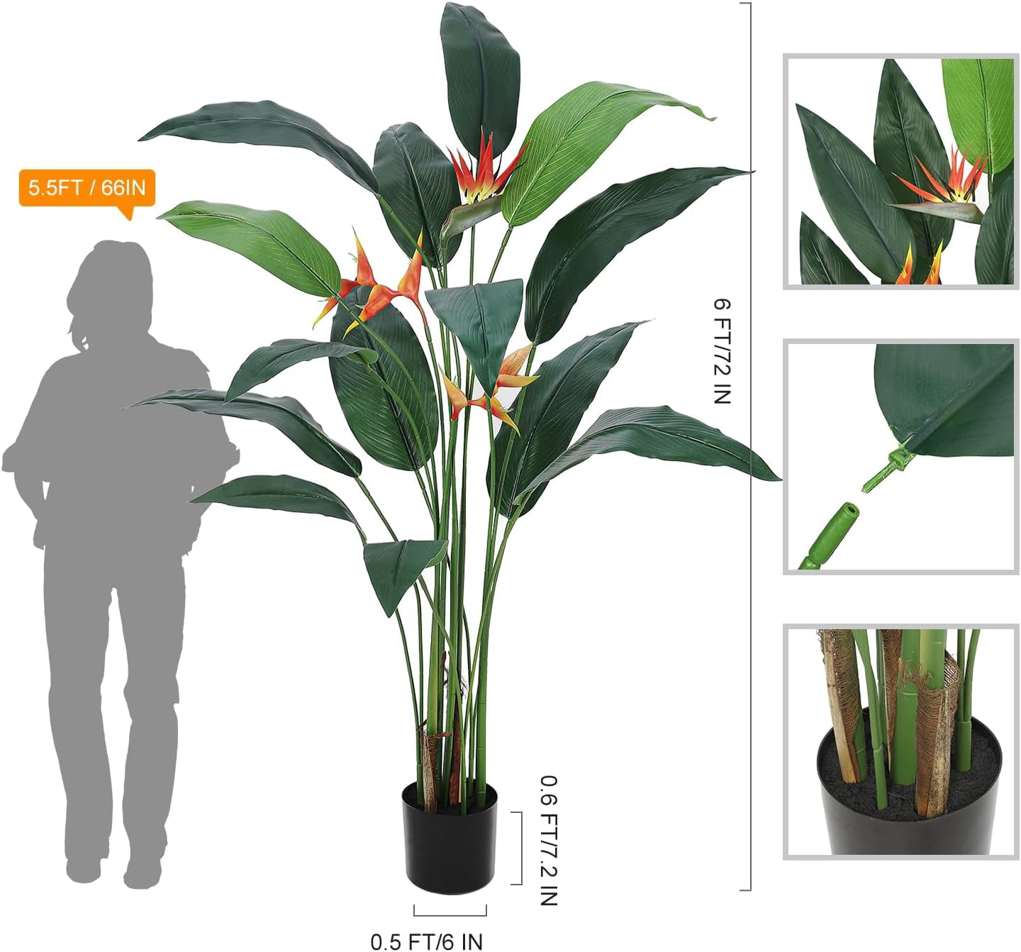 Artificial Bird of Paradise Tree 6FT(72in) Fake Palm Tree for Indoor Outdoor Modern Decor Faux Plants for Home Office Perfect Housewarming Gift with 14 Trunks Faux Leaves and 3 Flowers 2 Pack