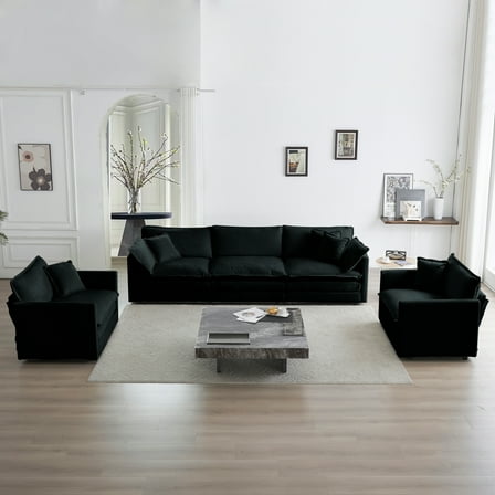 Sofa Set of 3, 1 1 3 Seats Living Room Sofa Set, Accent Chair, Loveseat, and Three-Seat Sofa Modern Style Round Arms 3 Piece Sofa Set, Black Chenille