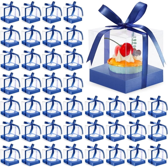 50Pcs Clear Plastic Cupcake Boxes, 3.5 Inch Single Cupcake Containers, Individual Cupcake Boxes with Inserts and Ribbon, Cup Cake Carrier Holder for Cake Dessert Wedding Birthday Party(Blue)