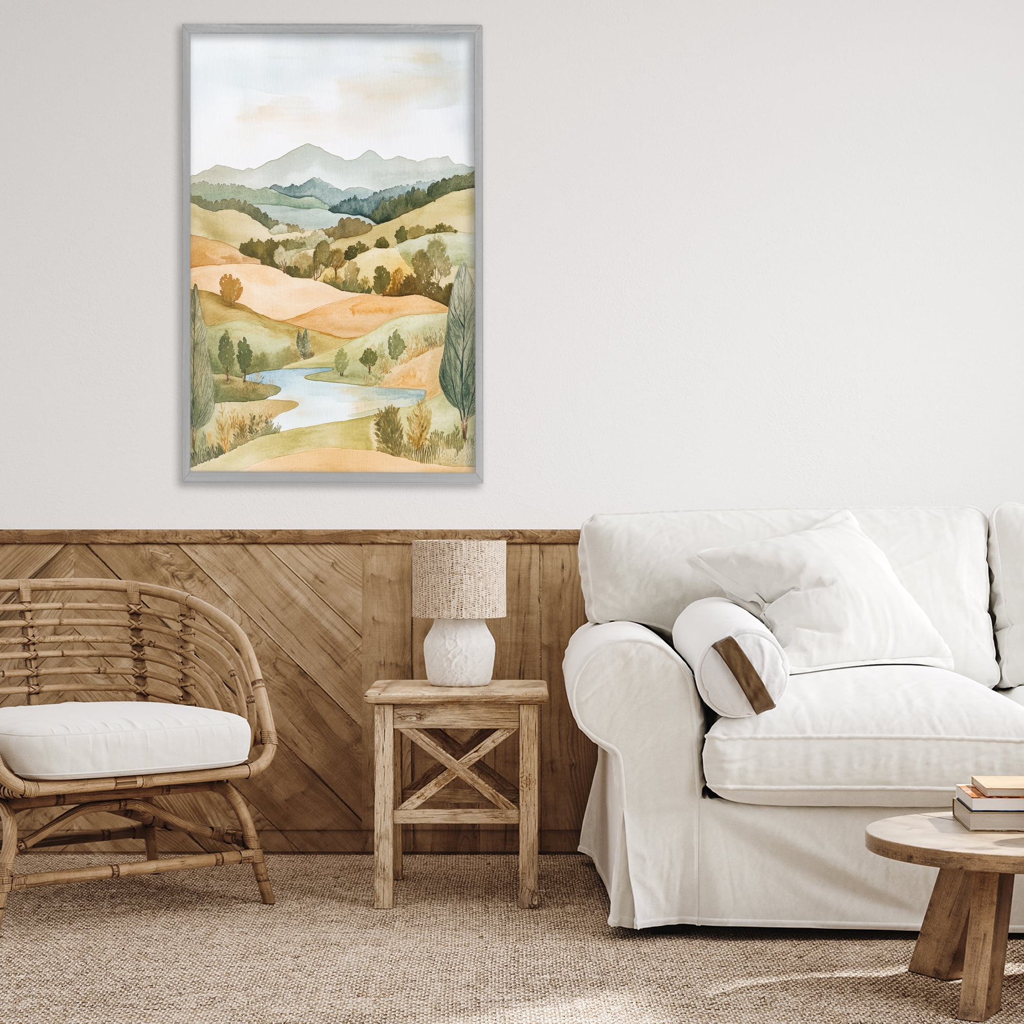 Stupell Industries Watercolor Hills & Tranquil Valley Gray Framed Giclee Art, design by Petal Prints Design