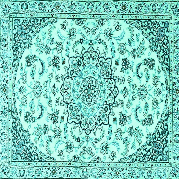 Ahgly Company Machine Washable Indoor Square Medallion Turquoise Blue Traditional Area Rugs, 6' Square