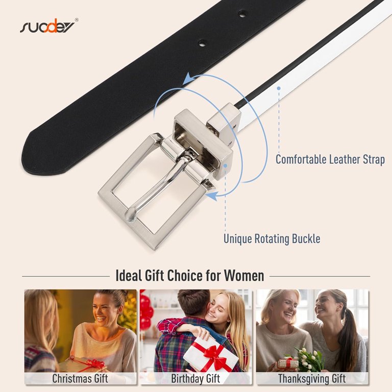 Reversible Leather Belt with Metal Roller Buckle for Jeans and Dresses Women Reversible Leather Belt with Rotating Pin Buckle for  main image 2