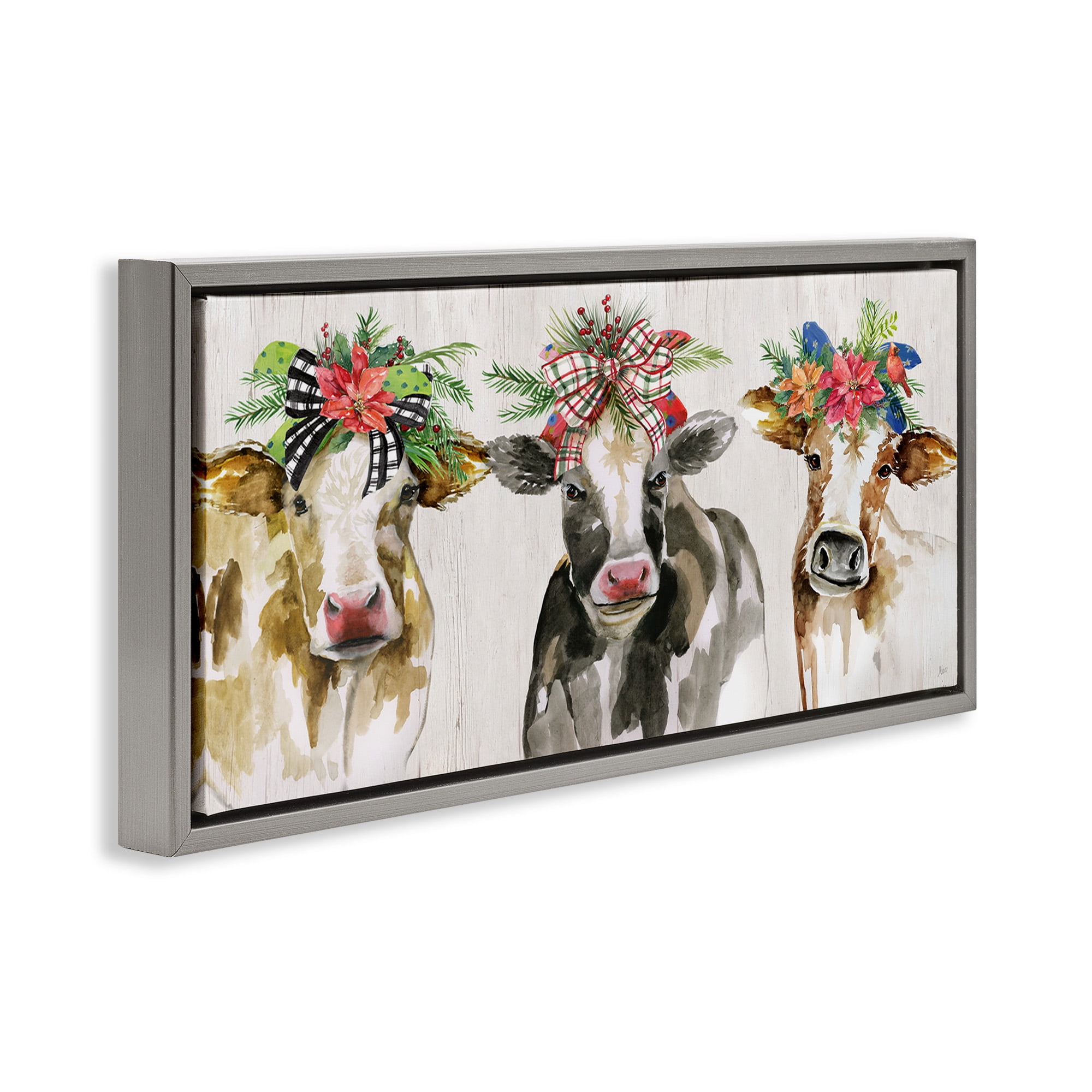 Stupell Industries Three Cows Seasonal Floral Crowns Animals & Insects Painting Gray Floater Framed Canvas Art Print Wall Art, 31 x 14