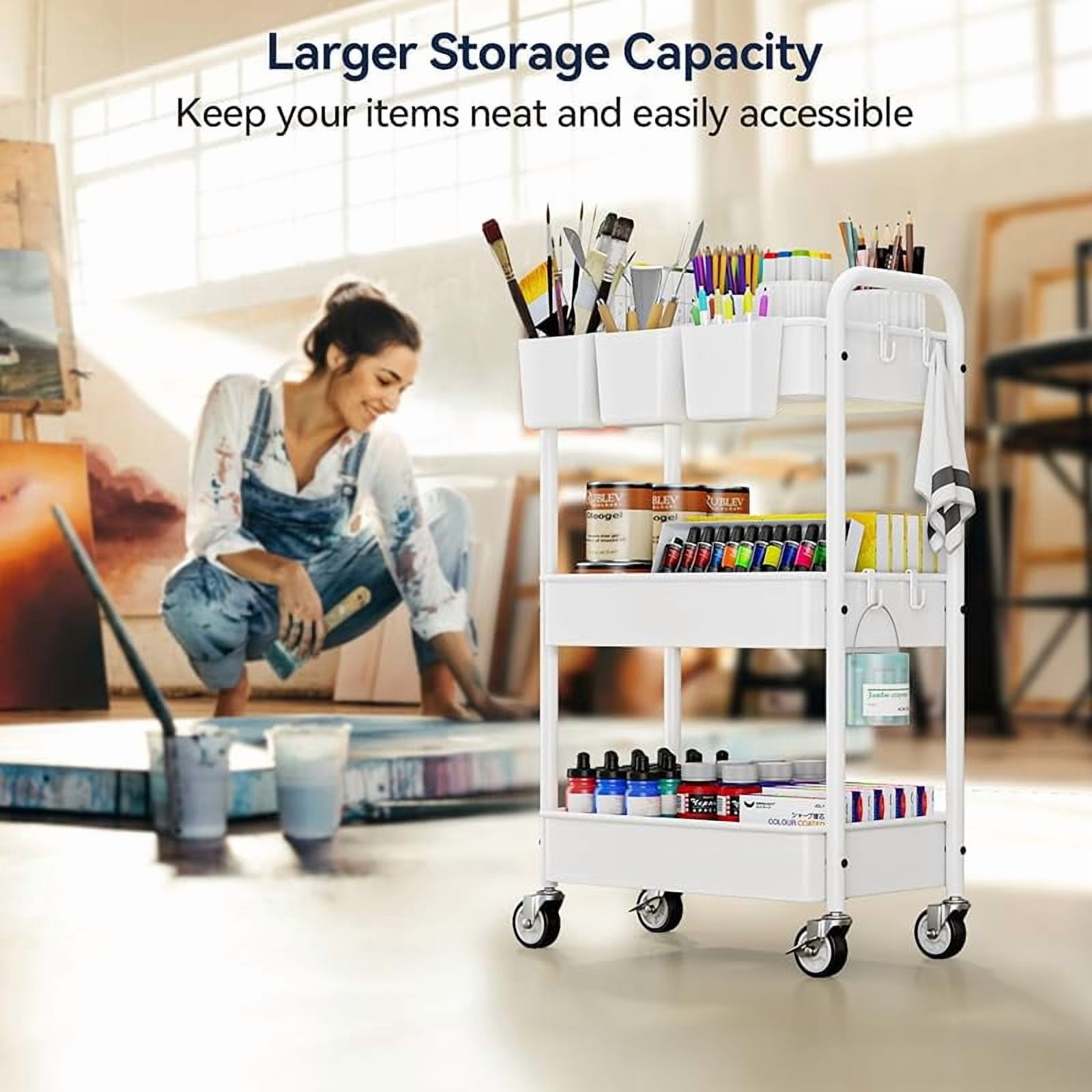 3 Tier Rolling Cart - Metal Utility Cart with Wheels, Hanging Cups, Hooks, Heavy Duty Mesh Rolling Storage Cart Organizer, Craft Cart for Kitchen Office, Lightweight and Sturdy