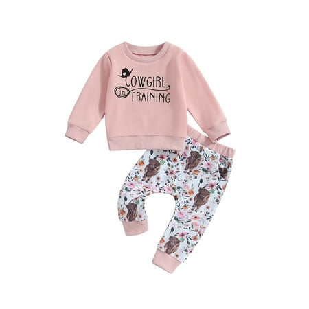 

Qtinghua Infant Toddler Baby Girls Autumn Clothes Long Sleeve Letter Print Sweatshirt Floral Cattle Print Pants Set Pink 12-18 Months