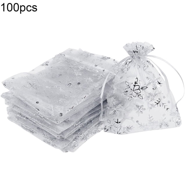 100Pcs Gift Bags Snowflake Pattern Reusable Organza Drawstring Candy Bag Party Supplies