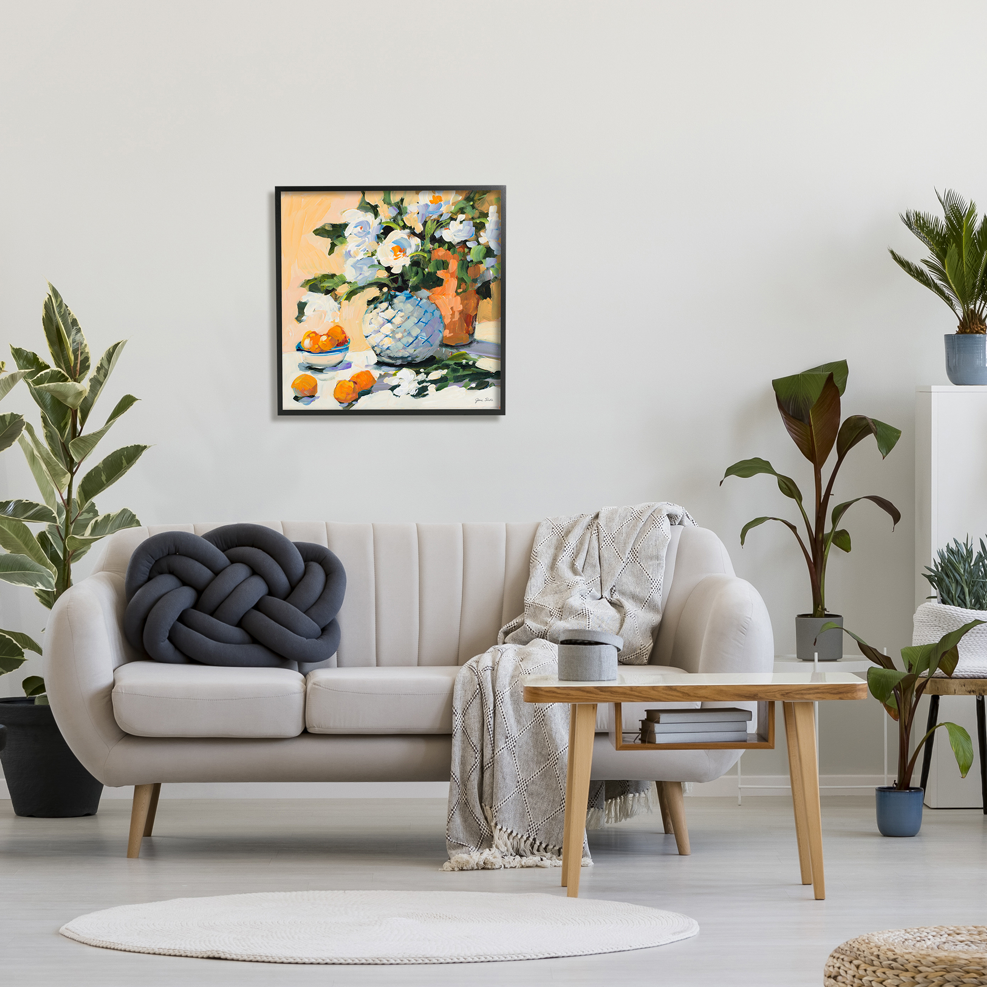 Stupell Industries Contemporary Oranges and Spring Florals Table Still Life Botanical & Floral Painting Black Framed Art Print Wall Art, 24 x 24