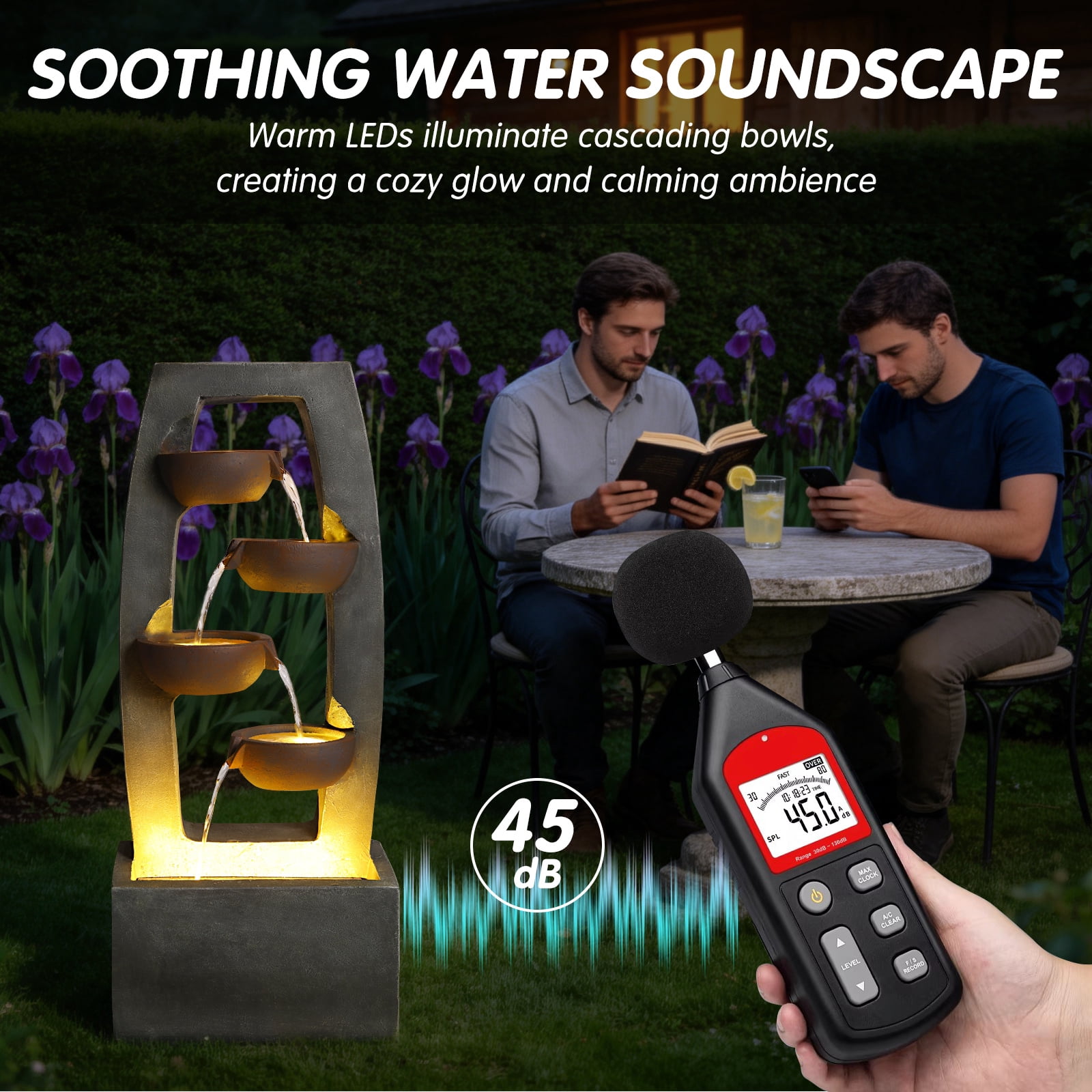 Mintazer 4 Tier Modern Cascading Waterfall Fountain with LED Lights, Outdoor Garden Fountain for Patio Yard Porch Landscape