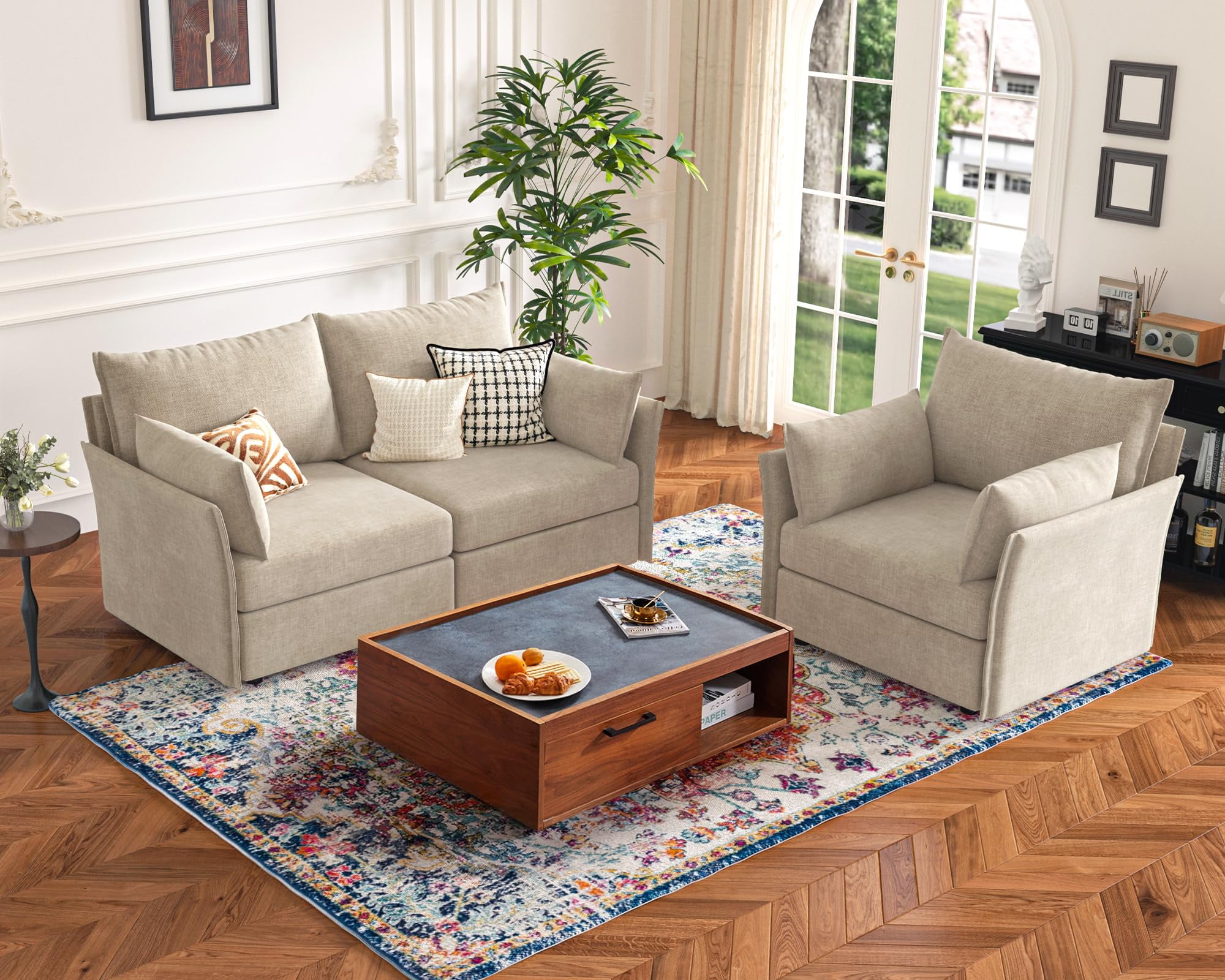 CDCASA Modern Loveseat Sofa, 2 Seater Chenille Sectional Sofa Couch with Deep Seat, Upholstered Couches for Living Room, Beige