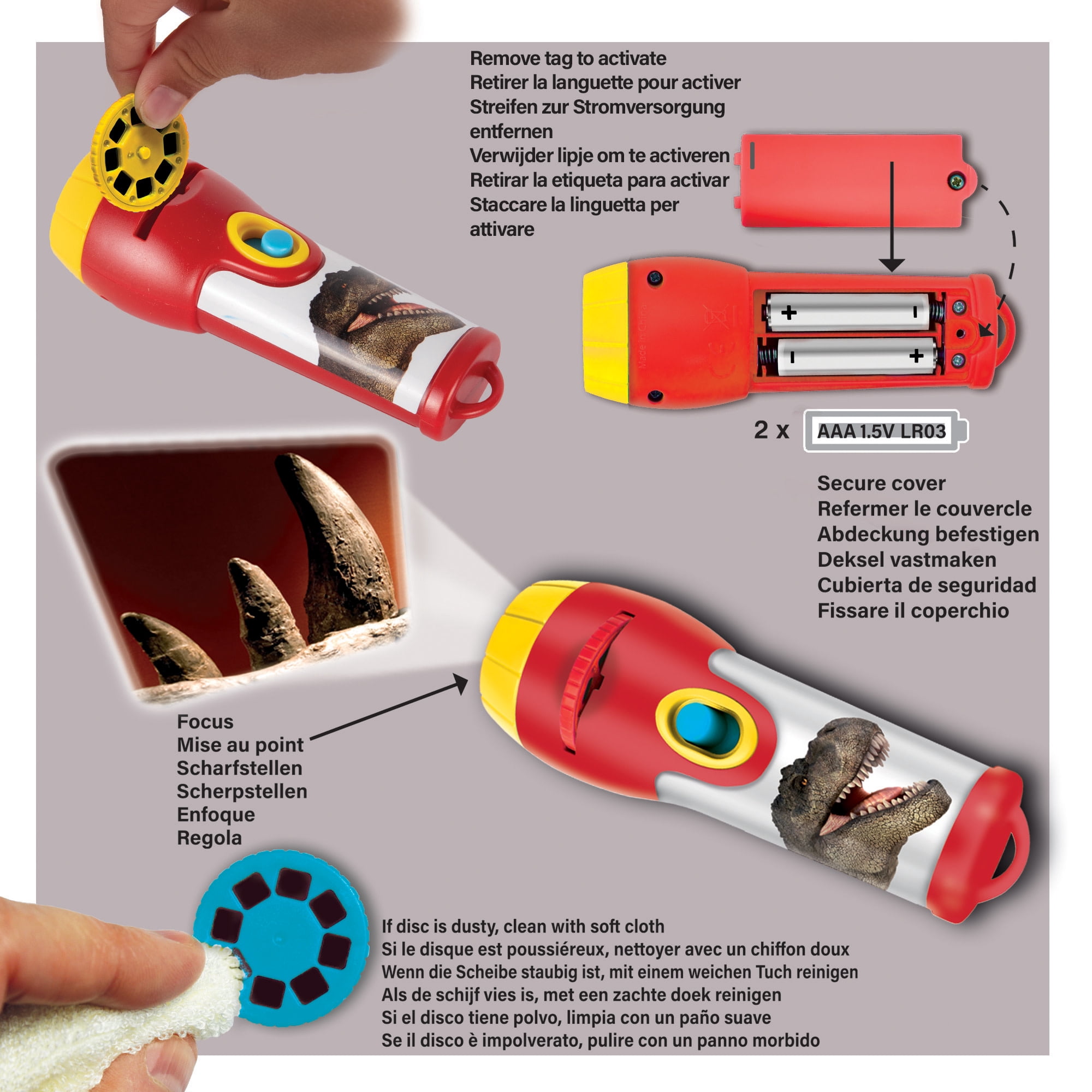 Natural History Museum: Dinosaur Torch & Projector - Handheld Flashlight & Image Casting Toy, 24 Color Themed Slide Images, 39" Projection, Kids 3+