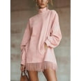 thumbnail image 6 of Women'S High Neck Suede Retro Long Sleeve Dress with Fringe Trim and Pockets Loose Fit Pink M, 6 of 8
