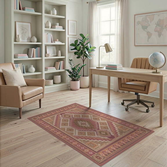 ODIKA 4'x6' Dusty Rose Pink Orange Geometric Diamond Washable Area Rug Intricate Stepped Medallion Design With Layered Motifs And Elaborate Multi Pet Friendly, Non-Shedding for Bedroom, Reading Nook