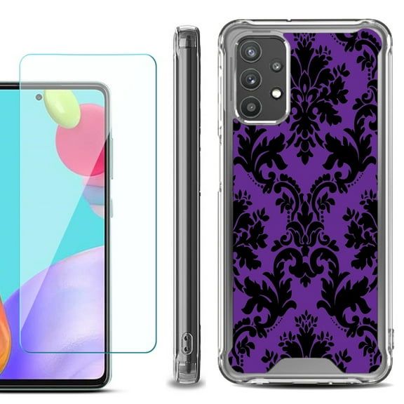 Shockproof Bumper Phone Case for Samsung Galaxy A52 5G, with Tempered Glass Screen Protector, by OneToughShield ® - Victorian Purple/Black