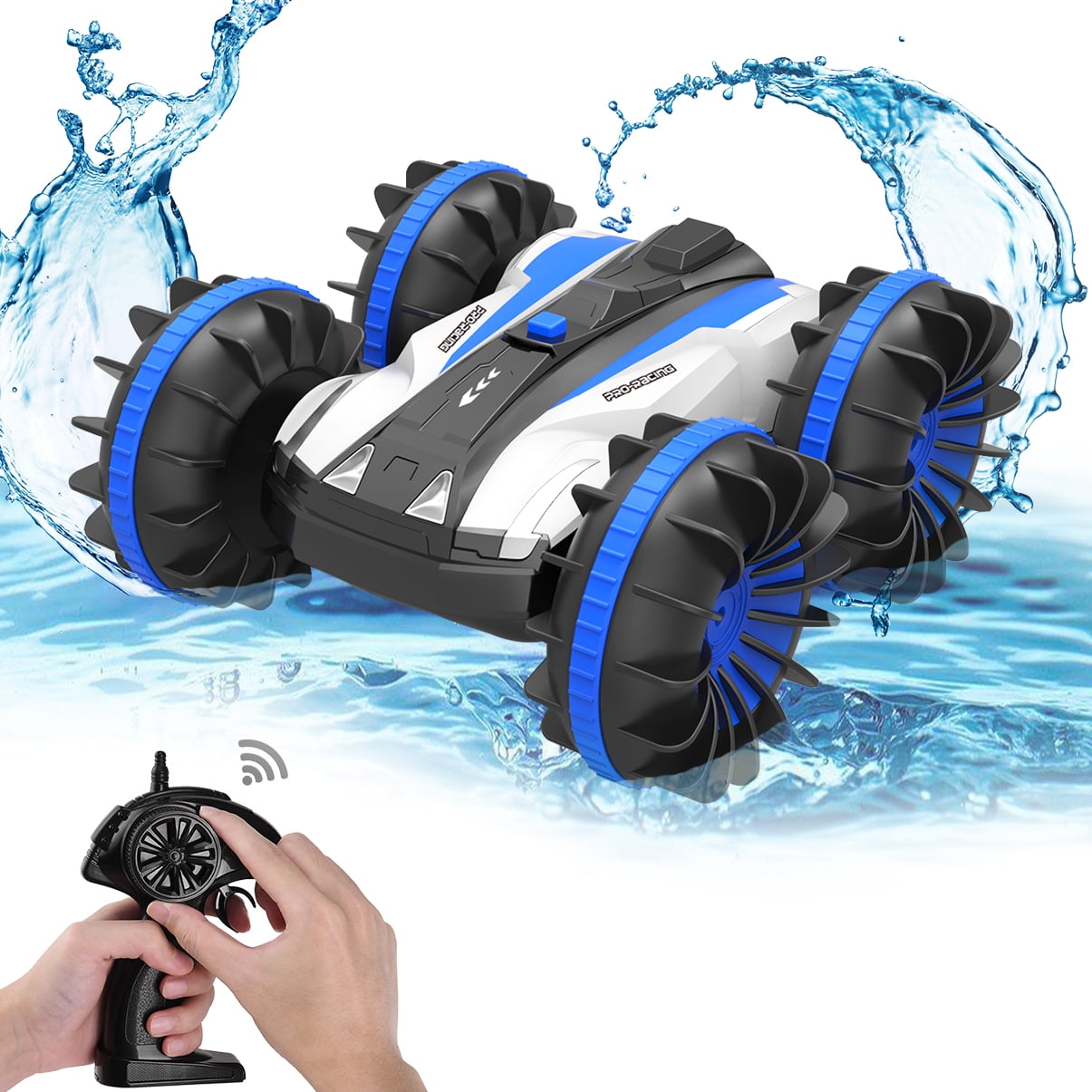 ALLCACA Waterproof Remote Control Car Boat 2.4Ghz All Terrain RC Cars 1/18 Scale Double Sides Stunt Vehicle with 360 Degree Spins and Flips 