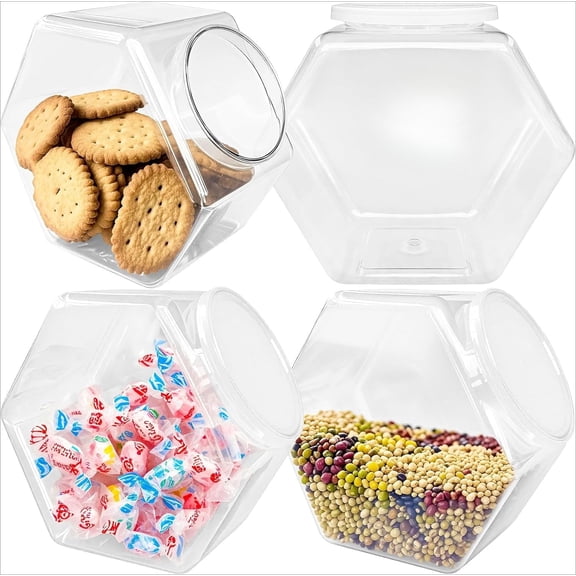 4 Pcs Plastic Candy Jars,Clear Plastic Cookie Jars,Hexagonal Candy Containers with Lids for Kitchen,Dry Food,Candy,Dog Food,Cookies,Coffee Pod,Laundry Pod