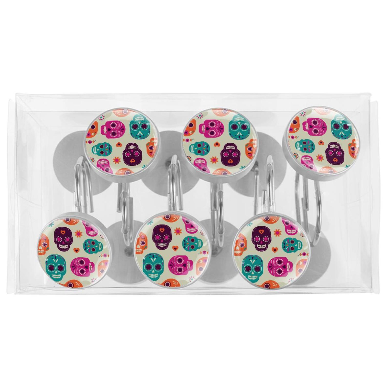 Skull Shower Curtain Hooks（Set of 12）for Home Hotel Shower Rods Bathroom Crystal Glass Print Stainless Steel Round Curtain Hooks
