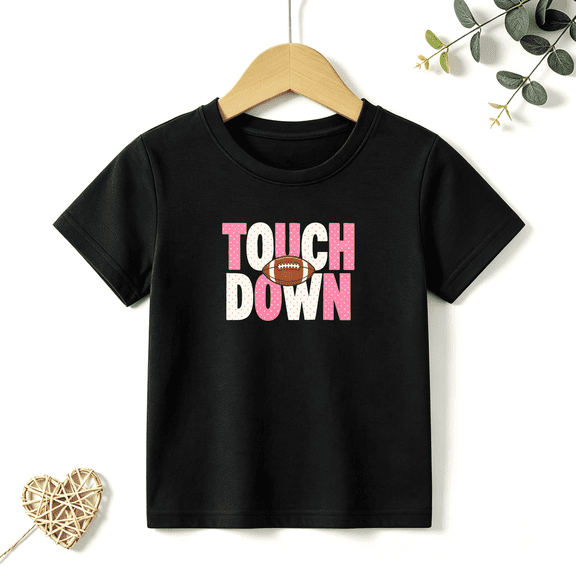 Girls Graphic Tees Touch Down Football Kids T Shirt Game Day 100% Cotton Short Sleeve Soft Tops 4-13Y