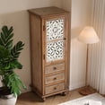 thumbnail image 4 of AENKYO 54" Tall Storage Cabinet, Hand-Carved Floral Door & 3 Drawers, Slim Wood Organizer, Natural Wood & Whitewash, 4 of 10