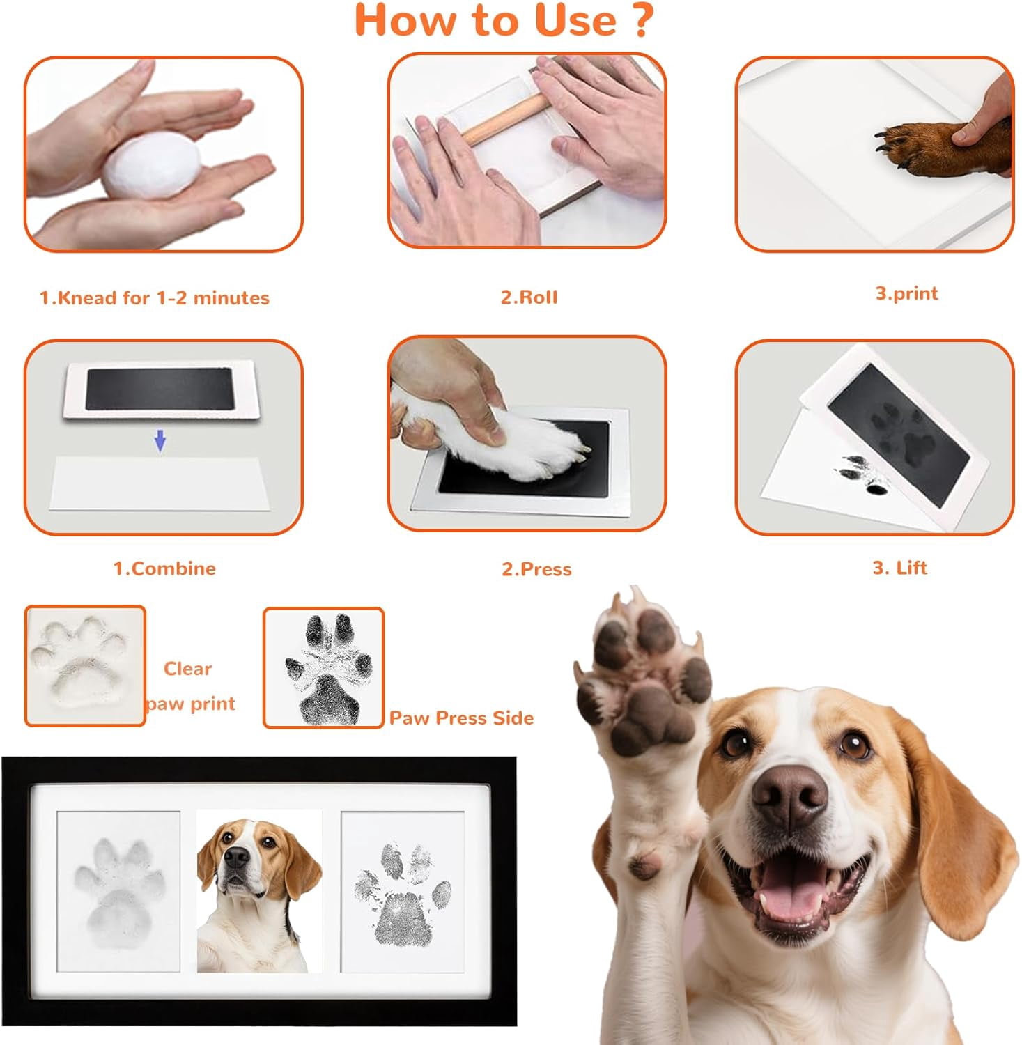 SONGAUN Paw Print Frame Kit for Dogs and Cat, Dog Paw Print Kit with Soft Paw Print Clay&Clean Touch Ink Pad, Wooden Display Frame & Customization Tools, DIY Impression Kit for Dogs Cats Lovers