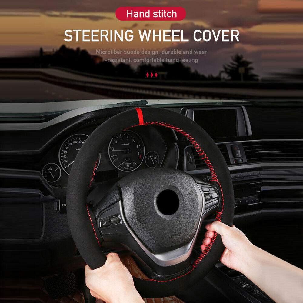 15 Inch DIY Microfiber Leather Car Steering Wheel Cover – Anti-Slip, Sew-On With Needle & Thread Included