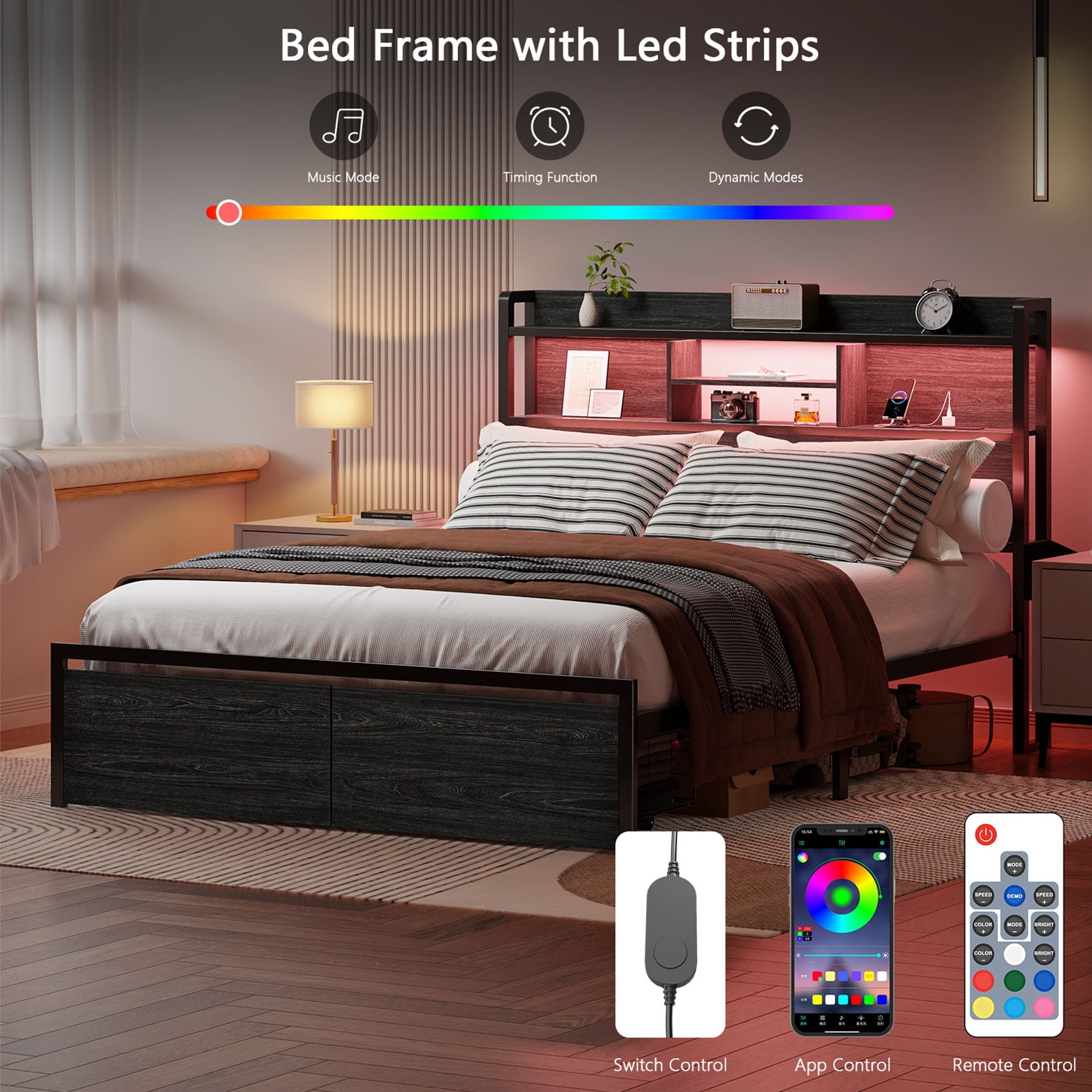 Satifur Full LED Platform Bed Frame with Storage Headboard, USB Ports, RGB Lights and 2 Easy-Slide Under Bed Storage Drawers